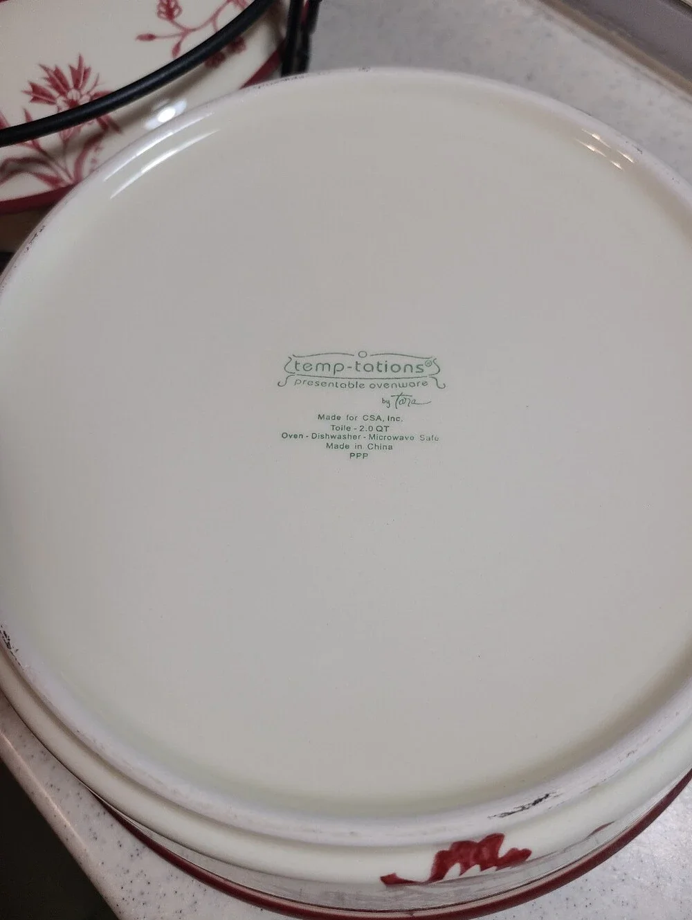Temp-Tations Cream and Burgundy Floral Covered Serving Dish